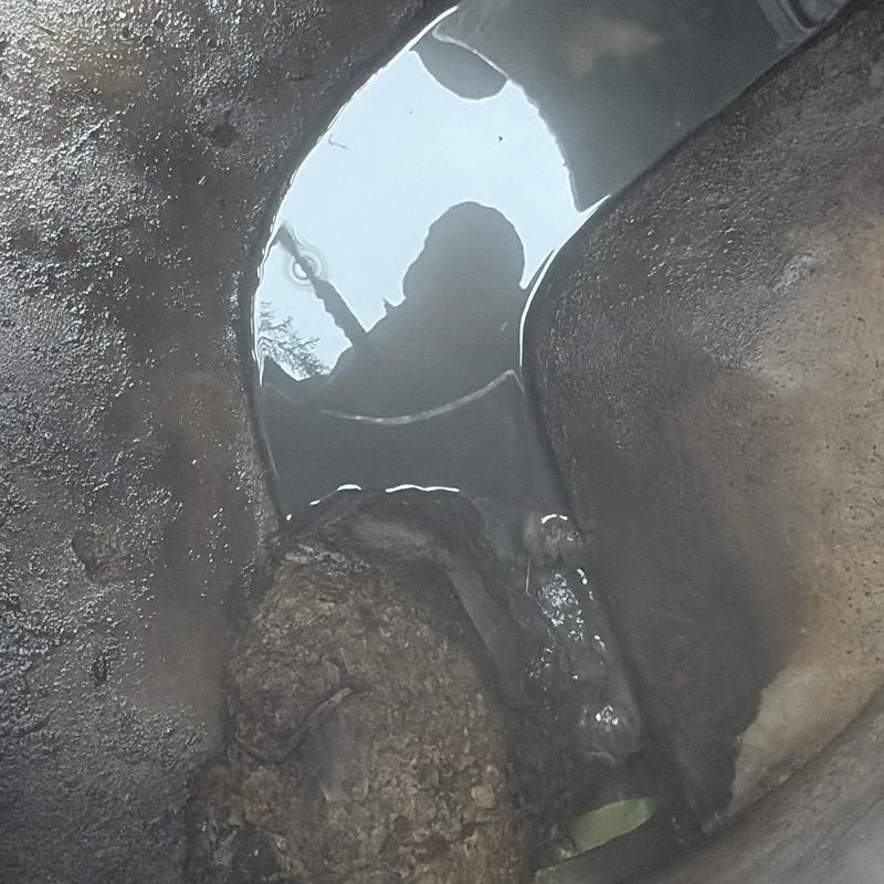 Sewer pipe blockage with debris buildup and standing water