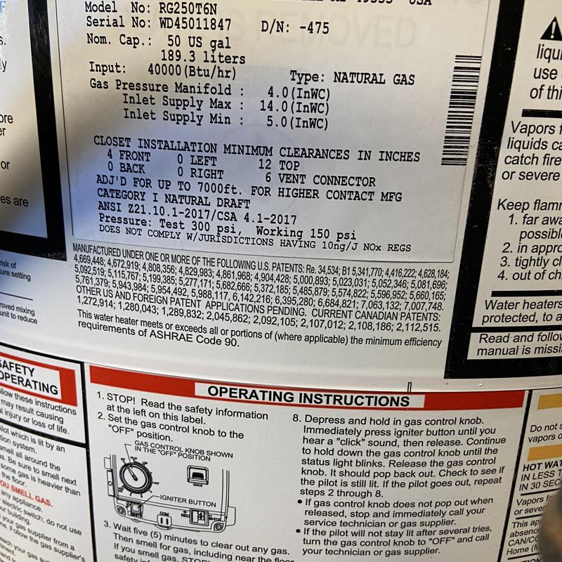 Water heater label showing model and operating instructions