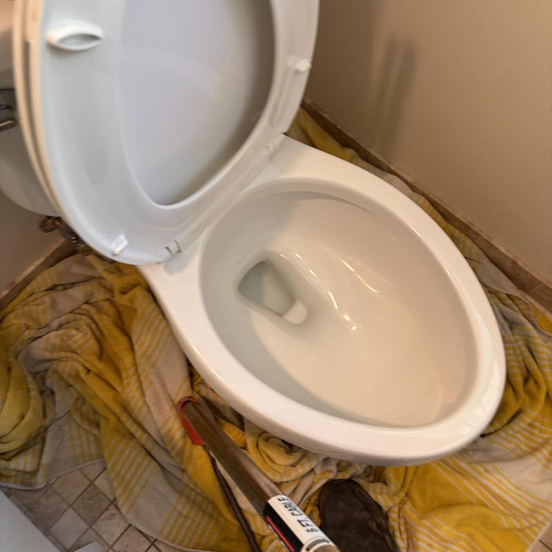 Toilet bowl auger tool with open lid in bathroom