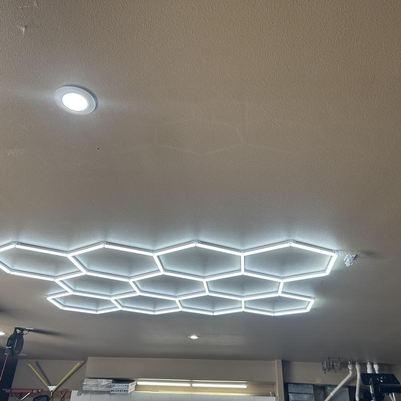 Hexagonal ceiling light installation in garage Eagle ID