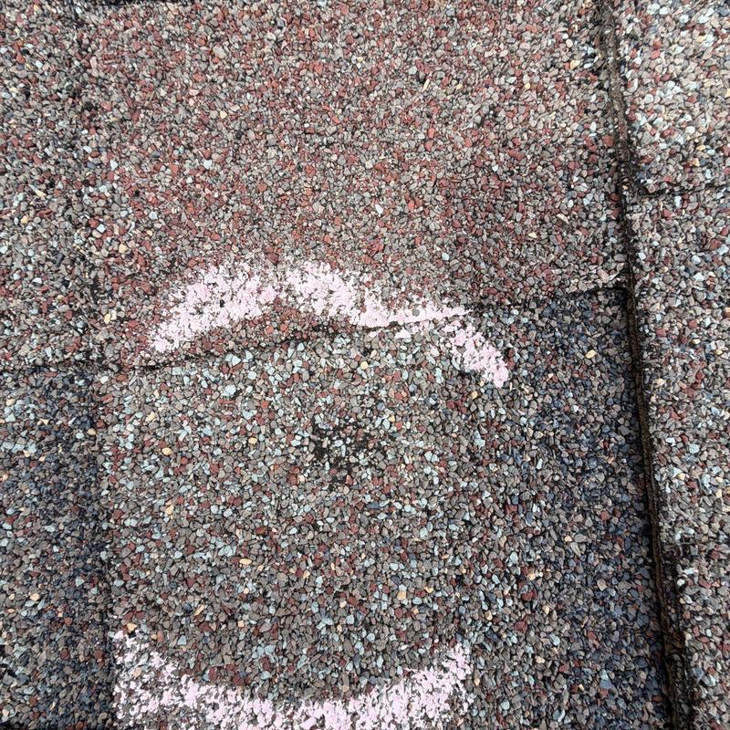 Asphalt shingle with hail damage marked for repair