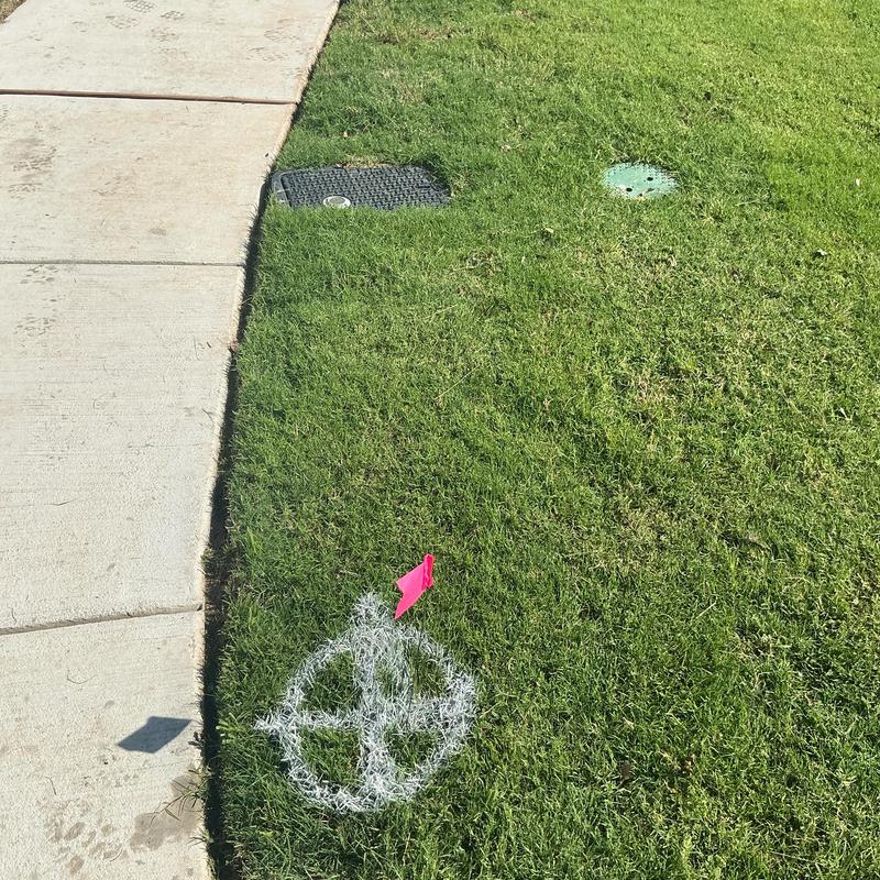 Mainline yard sewer pipe location marked in grass