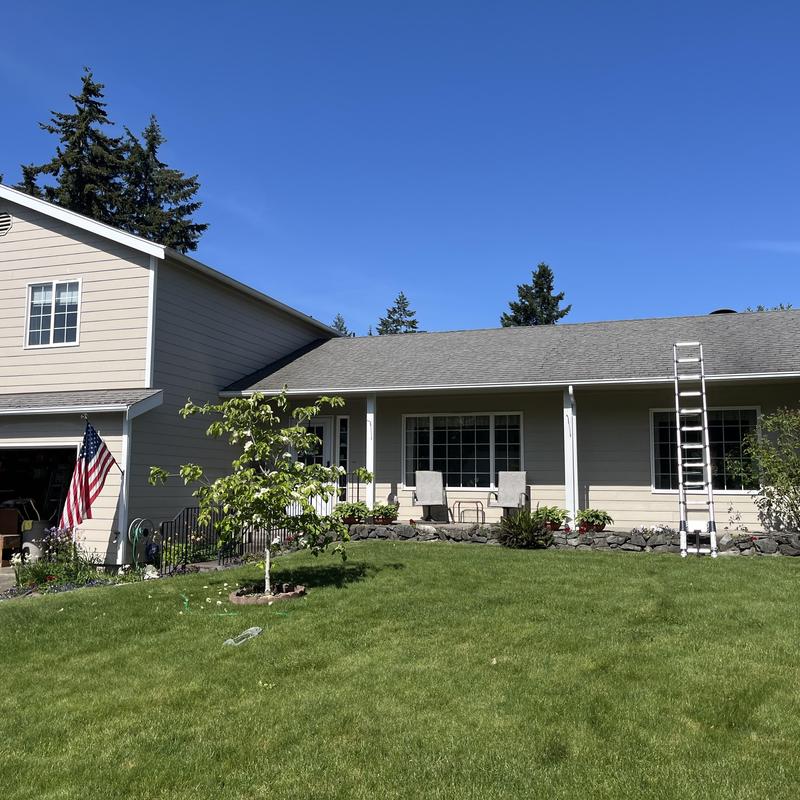 Asphalt shingle roof with ladder on suburban house Asphalt shingle roof with ladder on suburban house