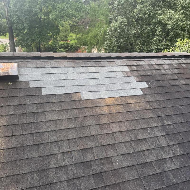 Asphalt roof shingles patched over removed power vent Asphalt roof shingles patched over removed power vent