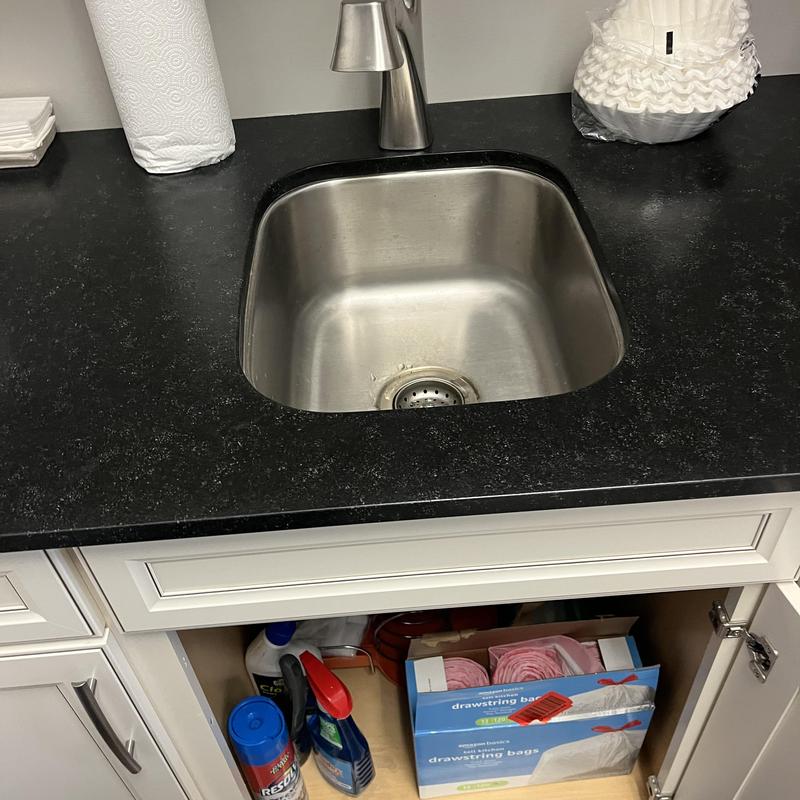 Stainless steel sink with faucet and cabinet cleaning supplies