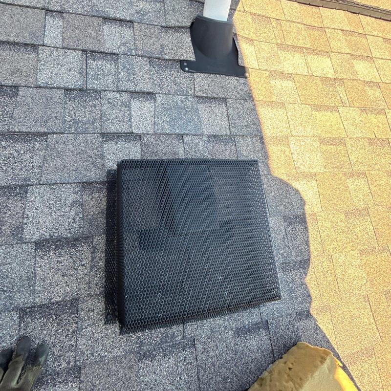 Roof vent cover and shingles with hail damage inspection