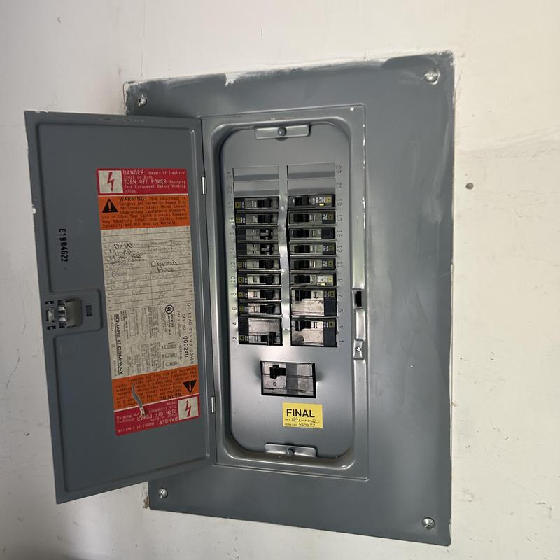 Electrical panel with circuit breakers in home wall