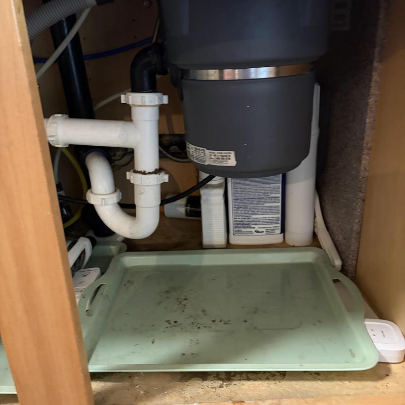 Garbage disposal and under-sink plumbing parts with drip tray