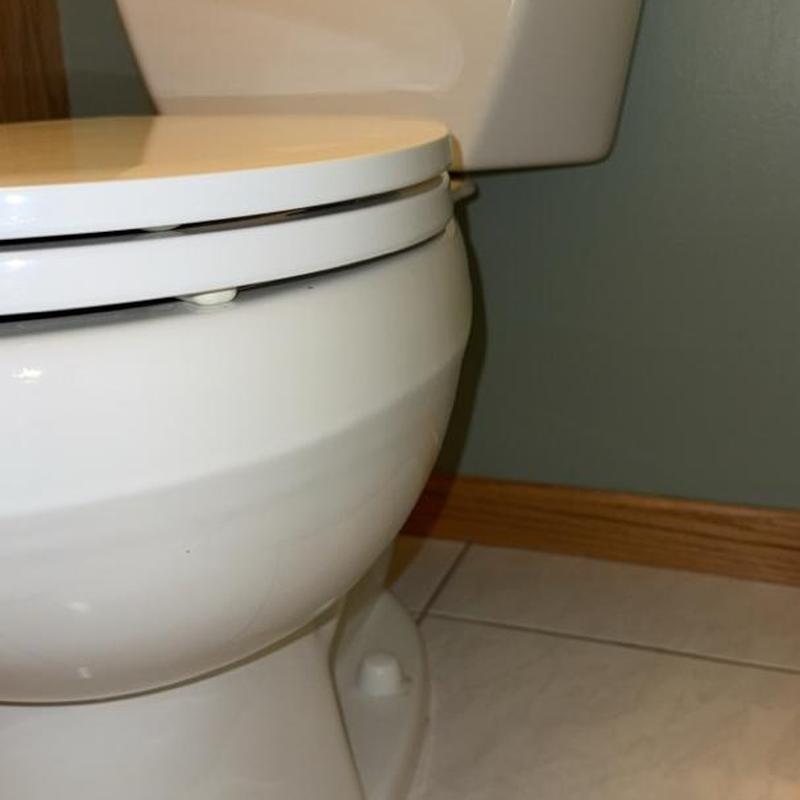 Toilet base and seat close-up in bathroom corner