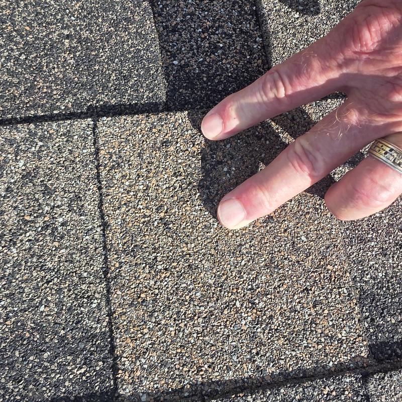 Asphalt shingle with hail impact damage and fingers pointing