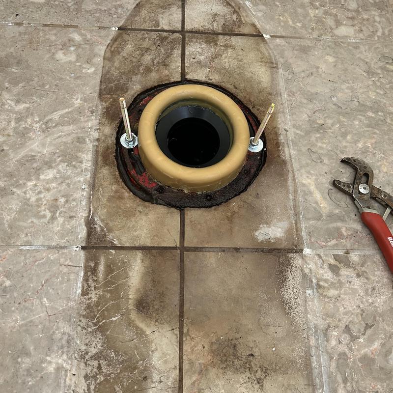 Toilet flange with new thick wax ring and bolts installed