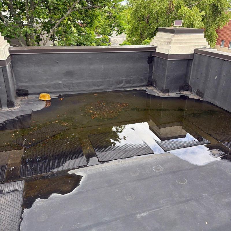 EPDM flat roof ponding water after hailstorm inspection