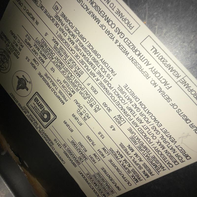Gas furnace specification label with pressure and input data Gas furnace specification label with pressure and input data