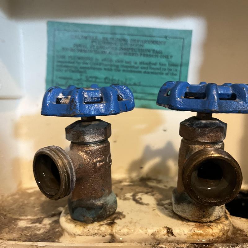 Washer box valves with blue quarter-turn handles