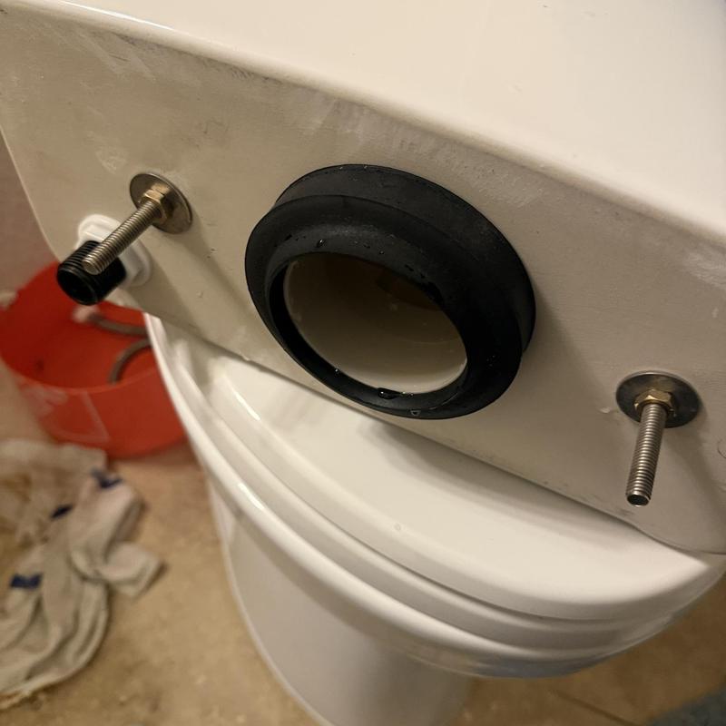 Toilet tank flange gasket installation with bolts