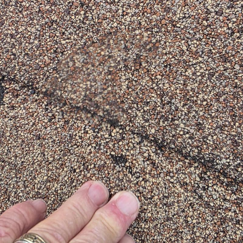 Asphalt shingle with hail impact damage close-up