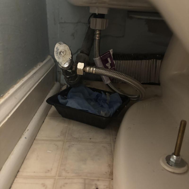 Toilet supply line with shutoff valve and drip tray