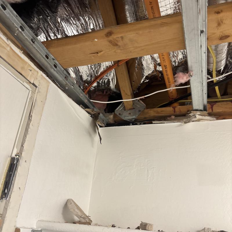 Exposed ceiling joists and plumbing pipes in restoration