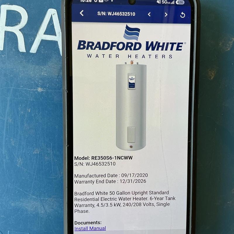 Bradford White 50 Gal Electric Water Heater details