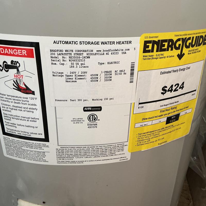 Electric water heater label and energy guide stickers