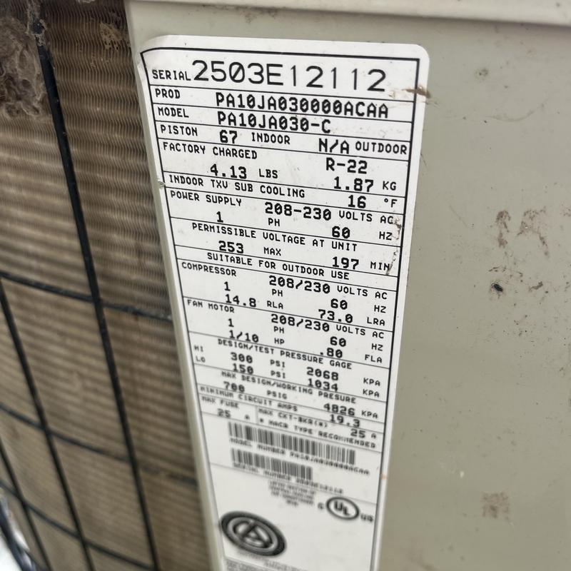 Heat pump model PA10JA030-C specification label on unit