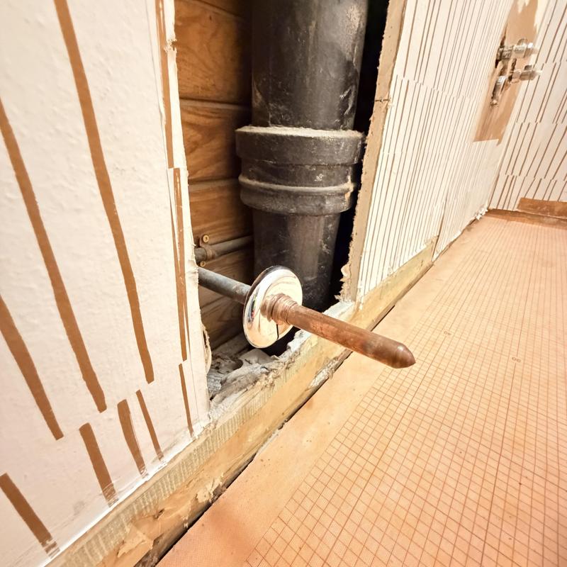 Copper water supply pipe and cast iron sewer stack in wall cavity