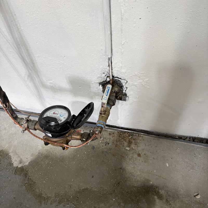 Water meter with quarter turn ball valve in basement wall