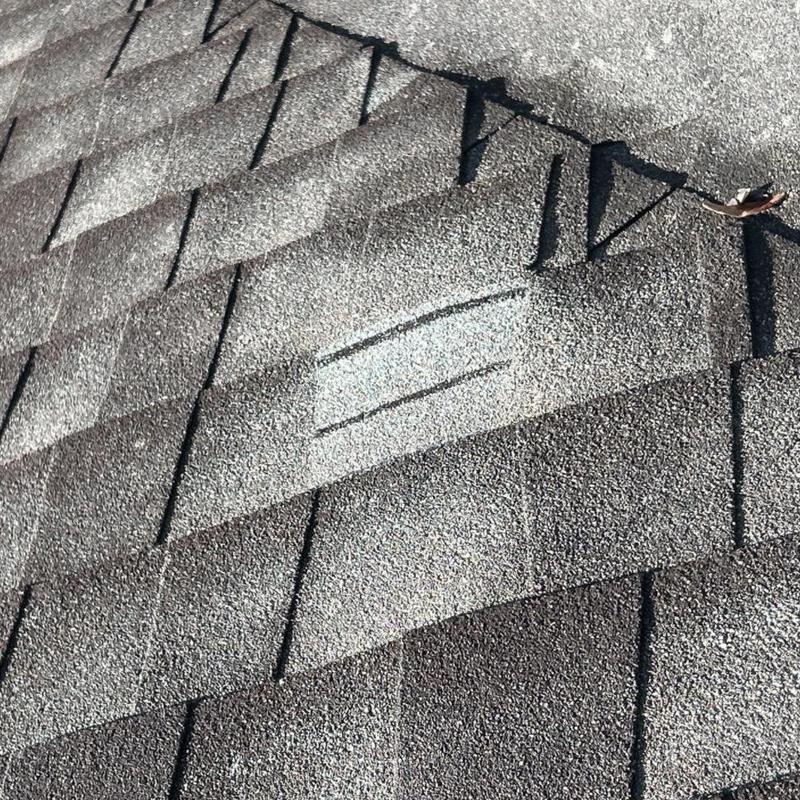 Asphalt shingle roof with hail damage and granule loss