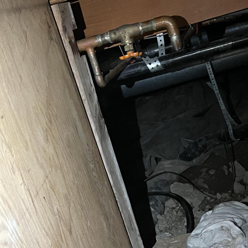 Copper water pipes and ball valve in crawlspace