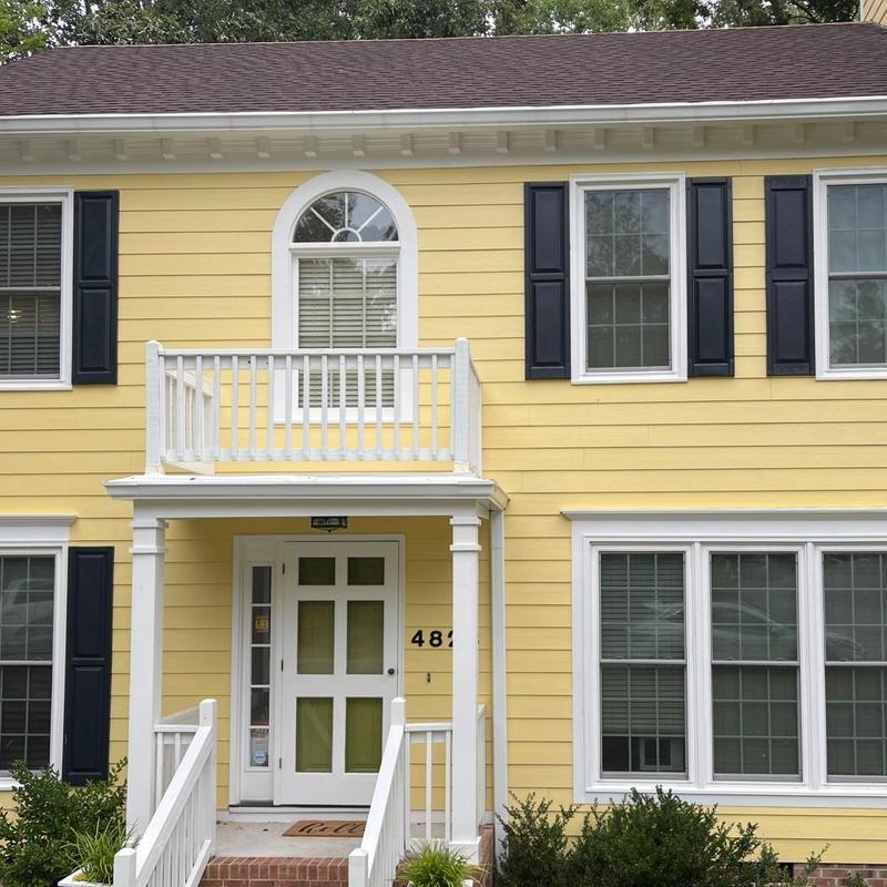 Yellow siding with white trim and black shutters Yellow siding with white trim and black shutters