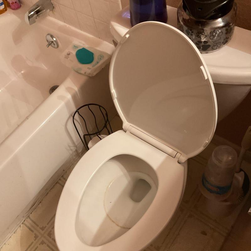 Toilet bowl with open lid in bathroom near bathtub
