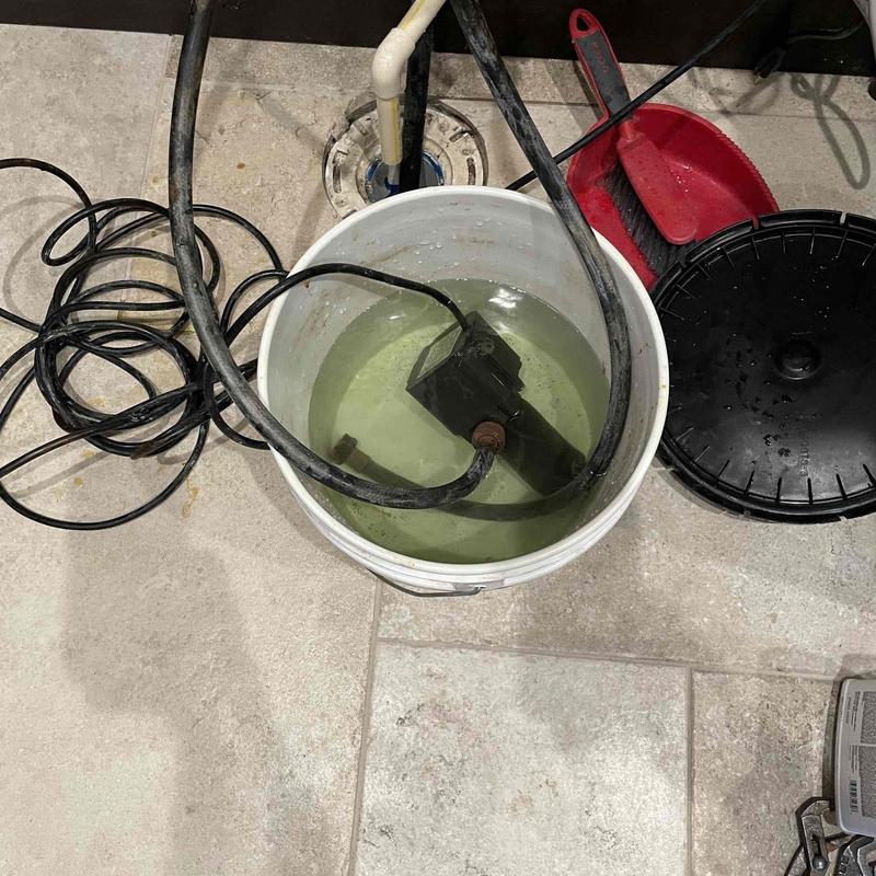 Water heater pump soaking in bucket during descaling process