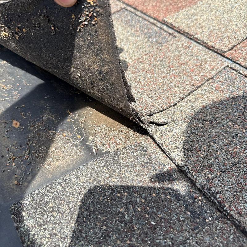 Roof shingles lifted near nail pops during inspection