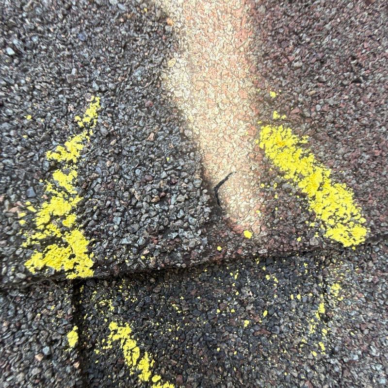 Roof shingles with raised nail pop marked in yellow paint