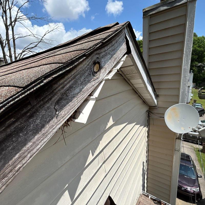 Damaged roof fascia and exposed edge on house exterior