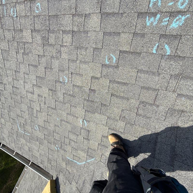 Shingle roof with hail damage marked for inspection