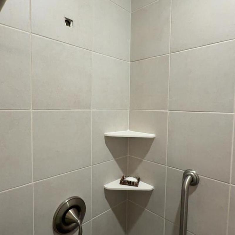 Shower grab bar installed next to corner shelves