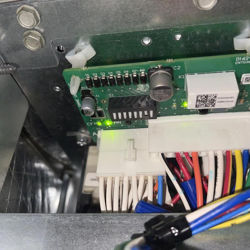 Air handler control board with wiring connections and LEDs Air handler control board with wiring connections and LEDs