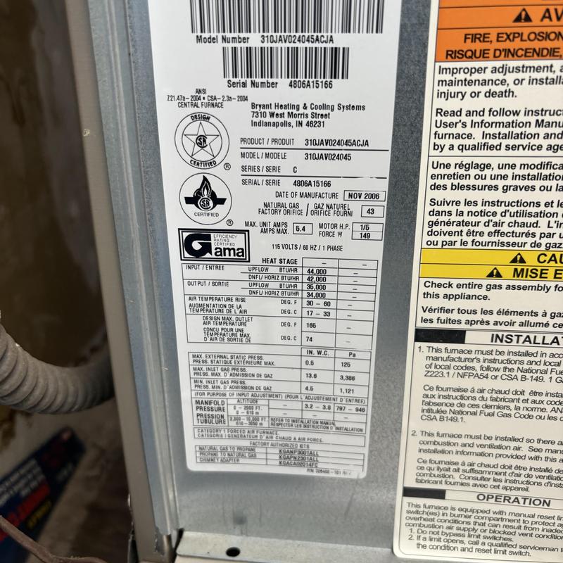 Bryant Central Furnace model and safety labels