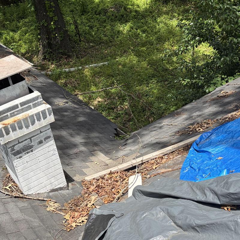 Asphalt shingle roof with chimney and debris buildup