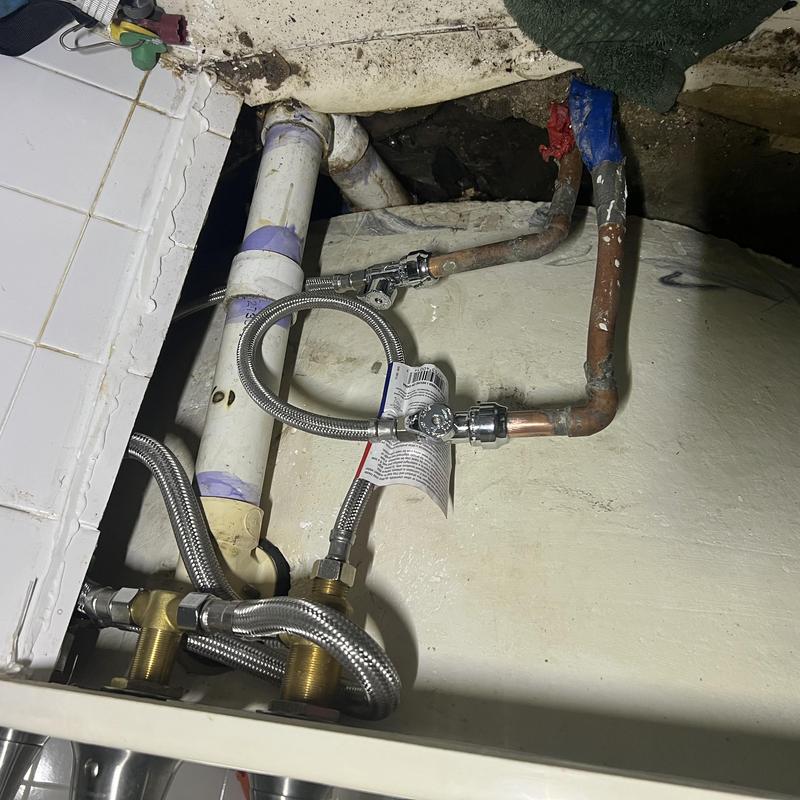 Roman tub plumbing with new shut off valves and flexible lines