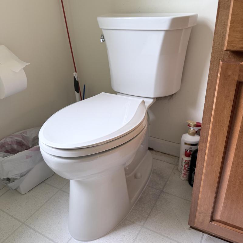 Two-piece white toilet with fitted seat in bathroom