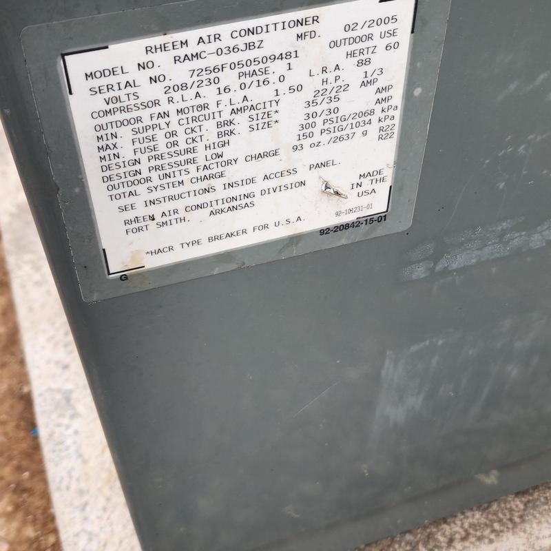 Rheem RAMC-036JBZ air conditioner label close-up