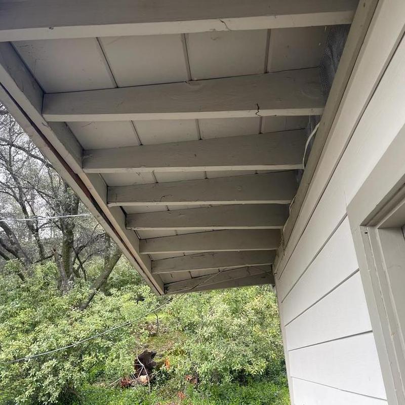 Flat roof underside with wooden beams and siding