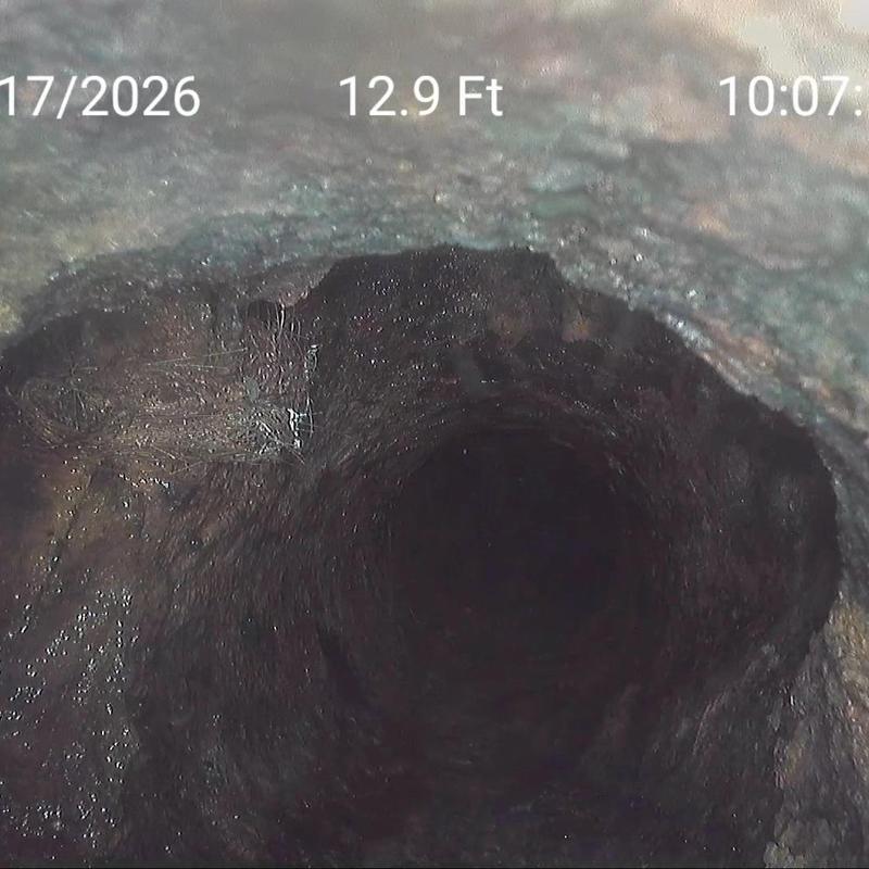Cast iron sewer line interior showing collapse at 12.9 ft Cast iron sewer line interior showing collapse at 12.9 ft