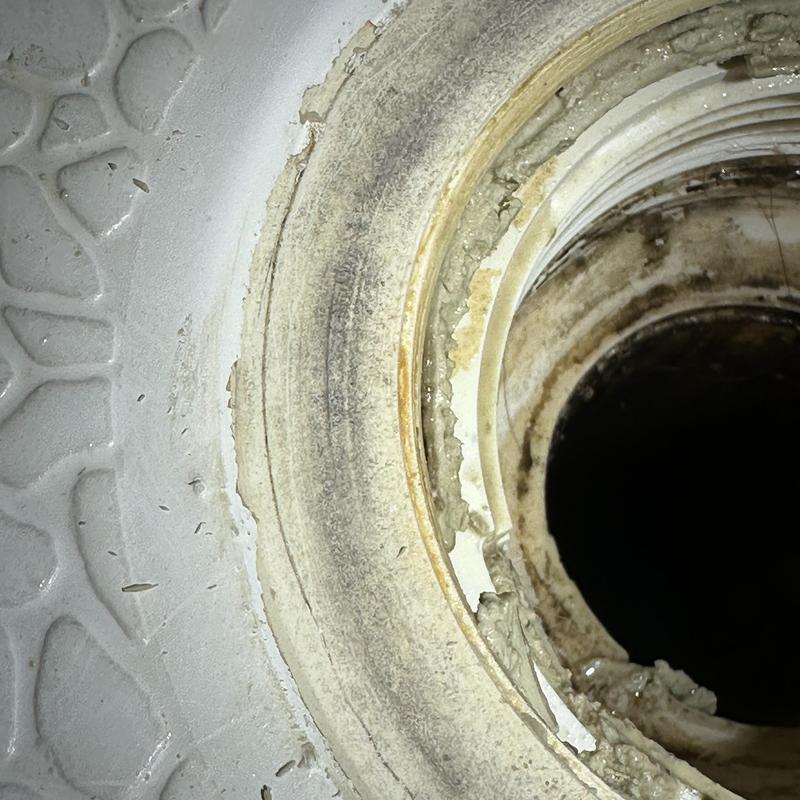 Shower drain opening with buildup and grime inside Shower drain opening with buildup and grime inside