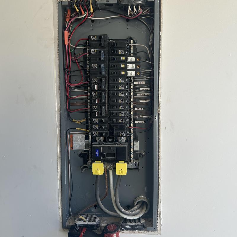 Electrical panel with circuit breakers and wiring