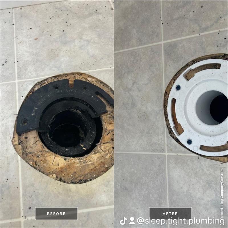 Toilet flange replacement on tiled floor, before and after Toilet flange replacement on tiled floor, before and after