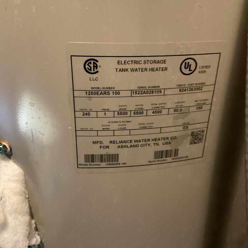 Electric storage tank water heater label and specs Electric storage tank water heater label and specs