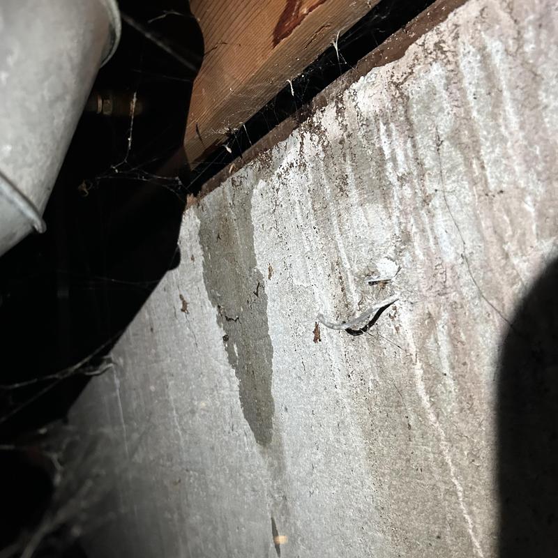 Foundation water leak with visible drip stain under house Foundation water leak with visible drip stain under house